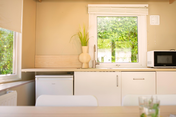 Lichte, moderne tiny house keuken bij Zomerhuisjes, Beloofde Land, Nederland, met raam en magnetron.