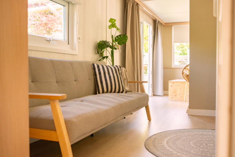 Intérieur lumineux et cosy d'une tiny house avec canapé gris, coussin rayé et plantes à Zomerhuisjes, Pays-Bas.