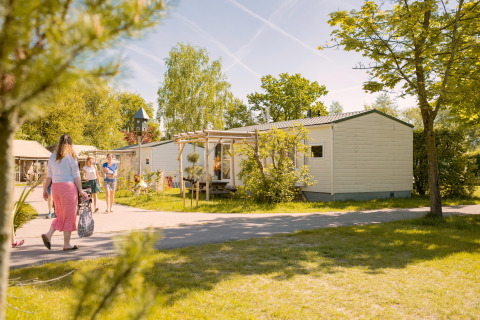 Persone camminano accanto a una tiny house Zomerhuisjes al Beloofde Land nei Paesi Bassi, tra alberi verdi.