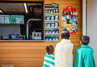 Trois enfants enroulés dans des serviettes regardent un menu de glaces à un stand au Boerderij huisje, Beloofde Land.