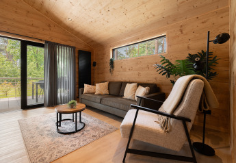 Soggiorno moderno in legno al Terrace Chalet, Bospark Markelo, Paesi Bassi, con vista sul bosco.