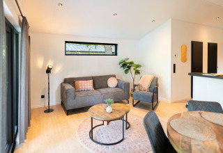 Stijlvol interieur van Terrace Chalet op Bospark Markelo in Nederland met grijze bank en ronde tafels.