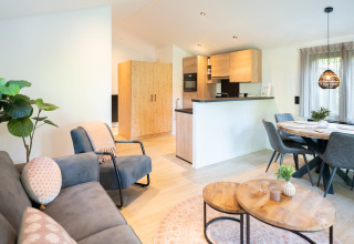 Lichte woonkamer en keuken in Terrace Chalet op Bospark Markelo, Nederland, met moderne inrichting.