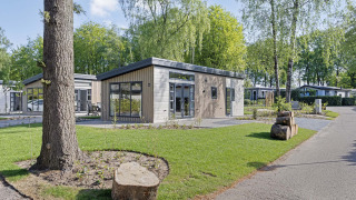 Modernes Nova 4 Personen Lodge mit gepflegtem Garten, umgeben von Bäumen an einem ruhigen Weg.