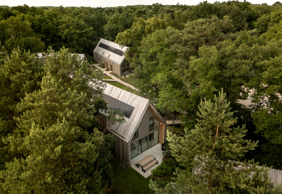 Vista aérea de Group Lodge con cabañas de madera modernas rodeadas de bosque denso y senderos naturales.