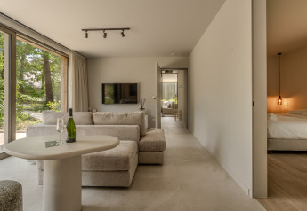 Soggiorno moderno con grandi finestre, divano soffice e vista sulla camera da letto presso Woodz Lodges.