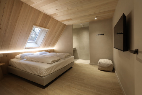 Modernes Schlafzimmer in der Group Lodge bei Woodz Lodges in Belgien mit Holzdecke und Dachfenster.