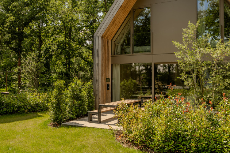Lodge moderno con ventanas grandes, rodeado de vegetación exuberante y árboles en un entorno natural tranquilo.