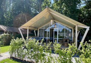 Safari tent Luna Lodge at Camping the Noetselerberg in the Netherlands, surrounded by greenery and sunlight.