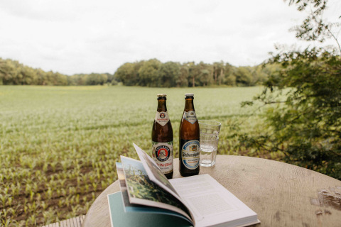 Twee bieren, een glas water en een open boek op een tafel met uitzicht op Nokken NKN-18 Cabin, Wilsumer Berge.