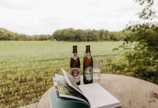 Twee bieren, een glas water en een open boek op een tafel met uitzicht op Nokken NKN-18 Cabin, Wilsumer Berge.