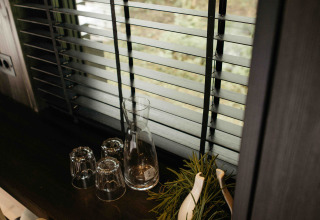 Interior of Nokken NKN-18 Cabin at Wilsumer Berge, Germany with carafe, glasses, and herbs by window.