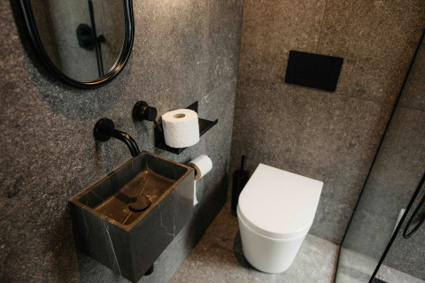 Baño moderno en la cabaña Nokken NKN-18 en Wilsumer Berge, Alemania, con lavabo oscuro y retrete blanco.