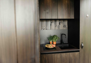Piccola e moderna cucina nella Nokken NKN-18 Cabin a Wilsumer Berge, Germania, con erbe e verdure fresche.