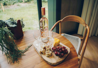 Scena accogliente in LumiPod: vino rosé, formaggio, uva e wraps su vassoio di legno vicino a una finestra.