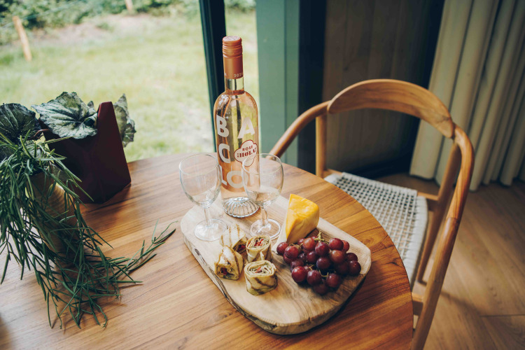 Cozy LumiPod tiny house scene: wine, cheese, grapes, and wraps on a wooden tray, bright window view.