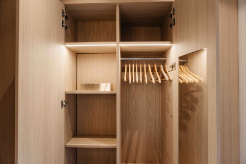 Afbeelding van een lege, moderne houten kledingkast met hangers in een LumiPod tiny house op Wilsumer Berge.