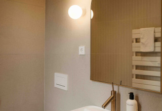 Moderne badkamer in de LumiPod tiny house op Wilsumer Berge, Duitsland met spiegel, wastafel en toilet.