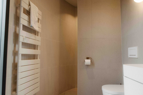 Moderne badkamer in een LumiPod tiny house op Wilsumer Berge, Duitsland, met handdoekradiator en toilet.