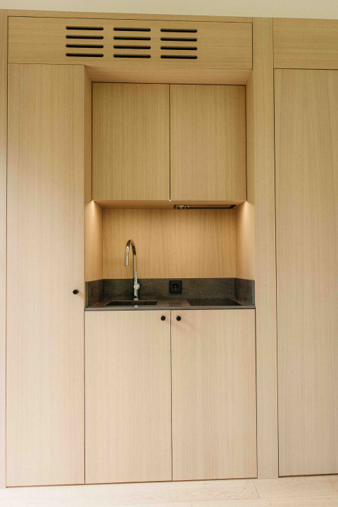 Moderne ingebouwde kitchenette met houtafwerking, gootsteen en kastruimte in een tiny house in Duitsland.