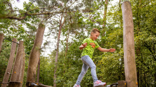 Un enfant s’équilibre sur un parcours d’aventure à Familievakantiepark Krieghuusbelten, Overijssel, Pays-Bas.
