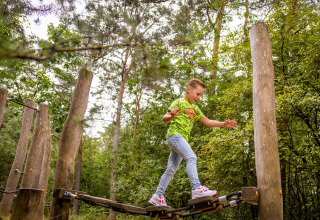 Child balancing on an adventure course at Familievakantiepark Krieghuusbelten in Overijssel, Netherlands.