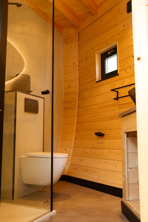 Baño moderno con paredes de madera, inodoro suspendido y ventana pequeña en Wellnest, Camping Vinkenhof.