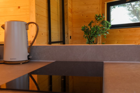 Cocina moderna en cabaña de madera en Wellnest, Camping Vinkenhof, Países Bajos, con tetera y planta.