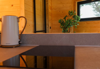 Cucina moderna in un lodge di legno al Wellnest, Camping Vinkenhof, Paesi Bassi, con bollitore e pianta.