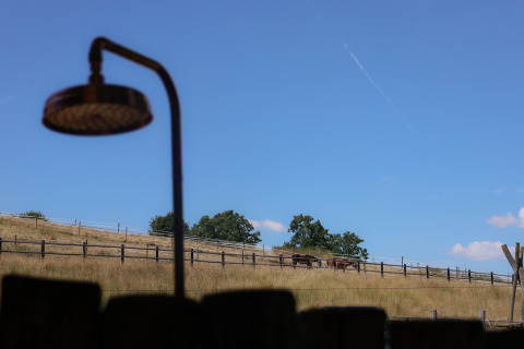 Vista desde Wellnest en Camping Vinkenhof, Países Bajos, con ducha exterior, campo y valla.