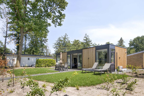 Lodge moderne à Veluwehoeve, avec chaises longues et espace repas extérieur dans un jardin verdoyant.