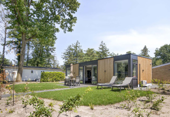Modern lodge at Veluwehoeve, featuring sun loungers and outdoor dining area in a lush green garden.