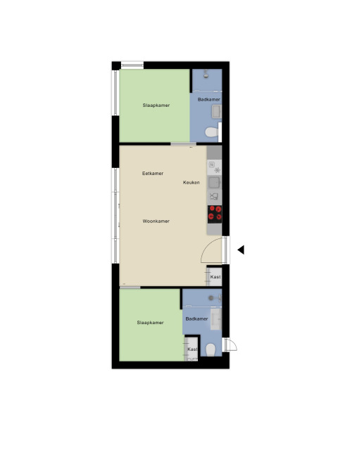 Floor plan of Veluwehoeve lodge at Bospark Ede, Netherlands, showing two bedrooms, two bathrooms.