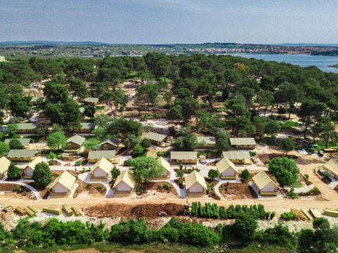 Aerial view of Camping Arena One 99 Glamping in Istria, Croatia, featuring tents among pine trees.