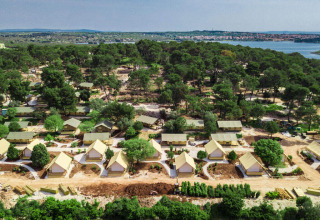 Vue aérienne du Camping Arena One 99 Glamping en Istrie, Croatie, avec des tentes sous les arbres.