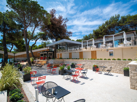 Buitenterras met tafels en stoelen tussen dennen bij Camping Arena One 99 Glamping in Istrië, Kroatië.