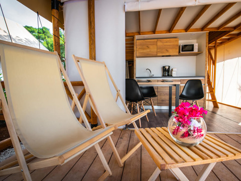 Interior of a Premium two bedroom safari loft tent at Camping Arena One 99 Glamping in Croatia, stylish setup.