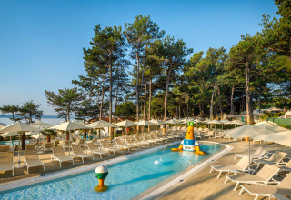 Børnevenlig swimmingpool med sjove figurer, liggestole og parasoller omringet af fyrretræer på Valamar Camping Ježevac.