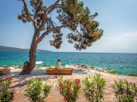 Kvinde sidder på bænk under et træ og nyder udsigten over havet ved Valamar Camping Ježevac, Kroatien.