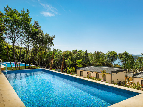 Piscina con vista su bungalow e natura al Valamar Camping Istra, parco vacanze in Istria, Croazia.