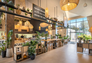 Intérieur de restaurant moderne et lumineux avec plantes vertes à Valamar Camping Istra, Croatie.