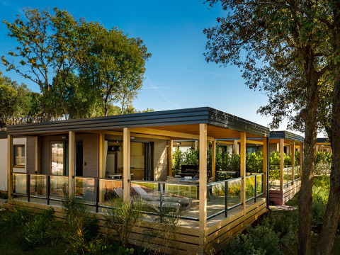 Moderne Marina Suite lodge bij Valamar Camping Istra in Kroatië, omgeven door bomen en rustgevende terrassen.