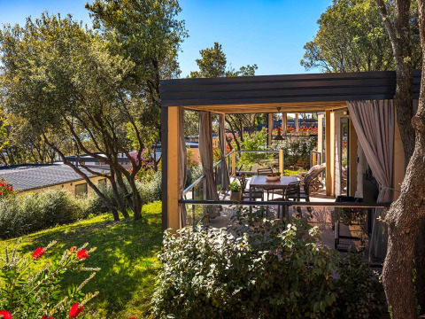 Zonnige veranda bij een lodge omringd door bomen en bloemen, perfect om buiten te ontspannen.