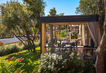 Véranda ensoleillée attenante à un lodge entourée d’arbres et de fleurs, idéale pour se détendre.