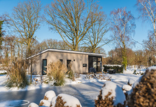 Modern vakantiehuis in Holiday Park De Lochemse Berg, Gelderland, Nederland, omgeven door sneeuw en bomen.