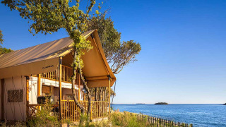Sunset Glamping Tent Seaview at Valamar Camping Istra, Croatia, set by the sea with panoramic view.