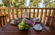 Tavolo da colazione all'aperto con mele verdi, caffè e ciotole su terrazza in legno al Mini Lodge, Arena One 99 Glamping, Croazia.