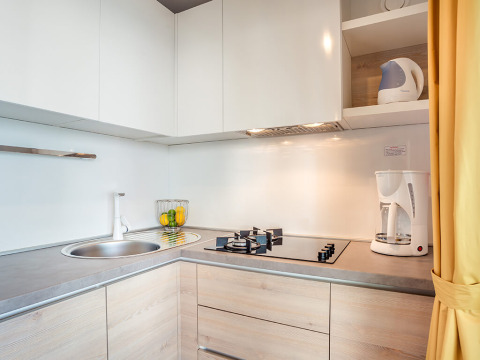 Moderne kitchenette in een lodge met gaskookplaat, koffiemachine, waterkoker en vers fruit op het aanrecht.