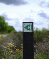 Wanderwegweiser auf einem Naturpfad nahe Rheeze, Overijssel, Niederlande, mit bewölktem Himmel.