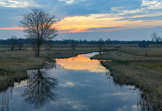 Solnedgang over en rolig flod og åbne marker i et naturskønt feriepark med glamping muligheder.